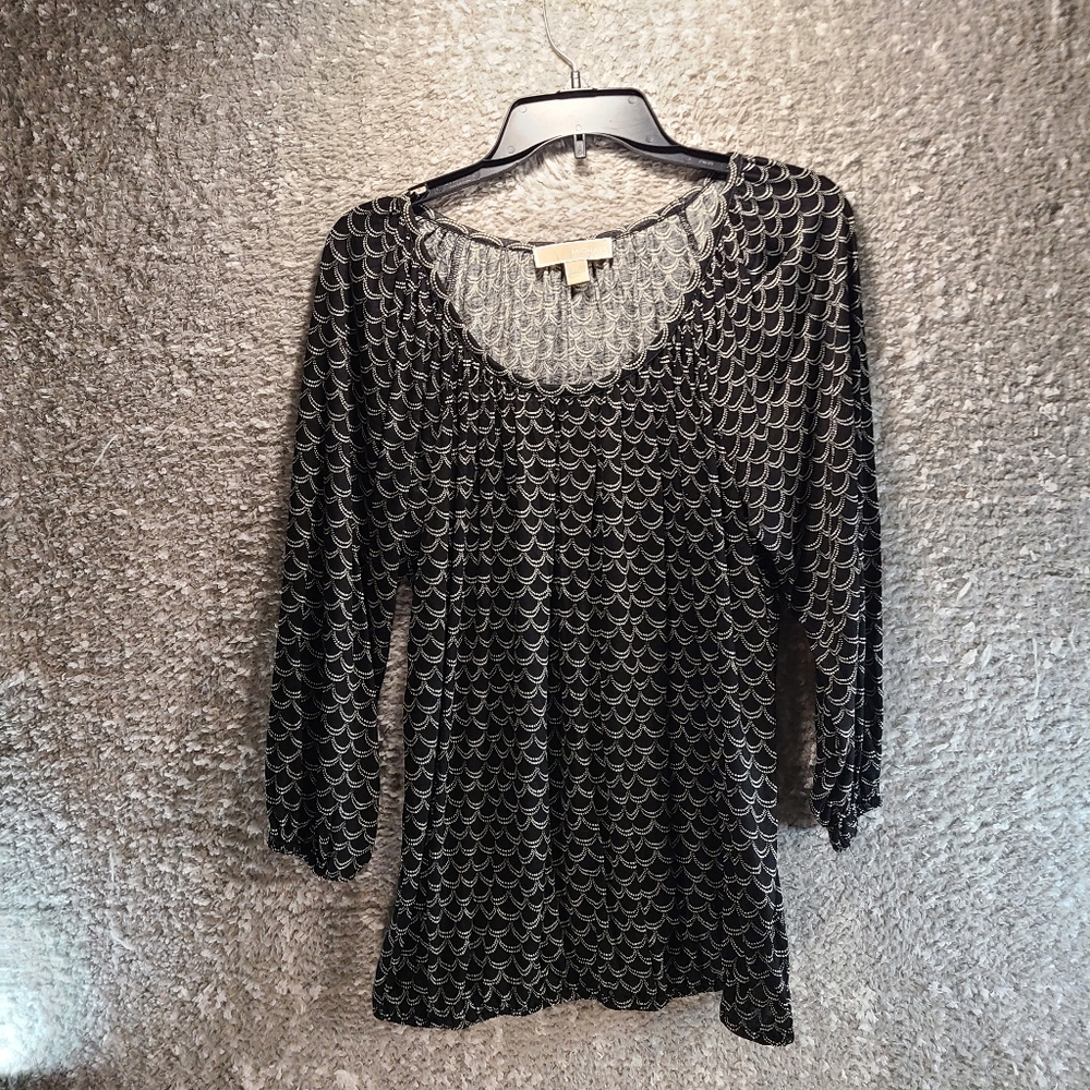 Michael Kors Women Black & White Geo‎ Print Long Sleeve Pullover Blouse Top PL